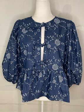 Kaktus Navy Floral Tie-Front Peplum Blouse